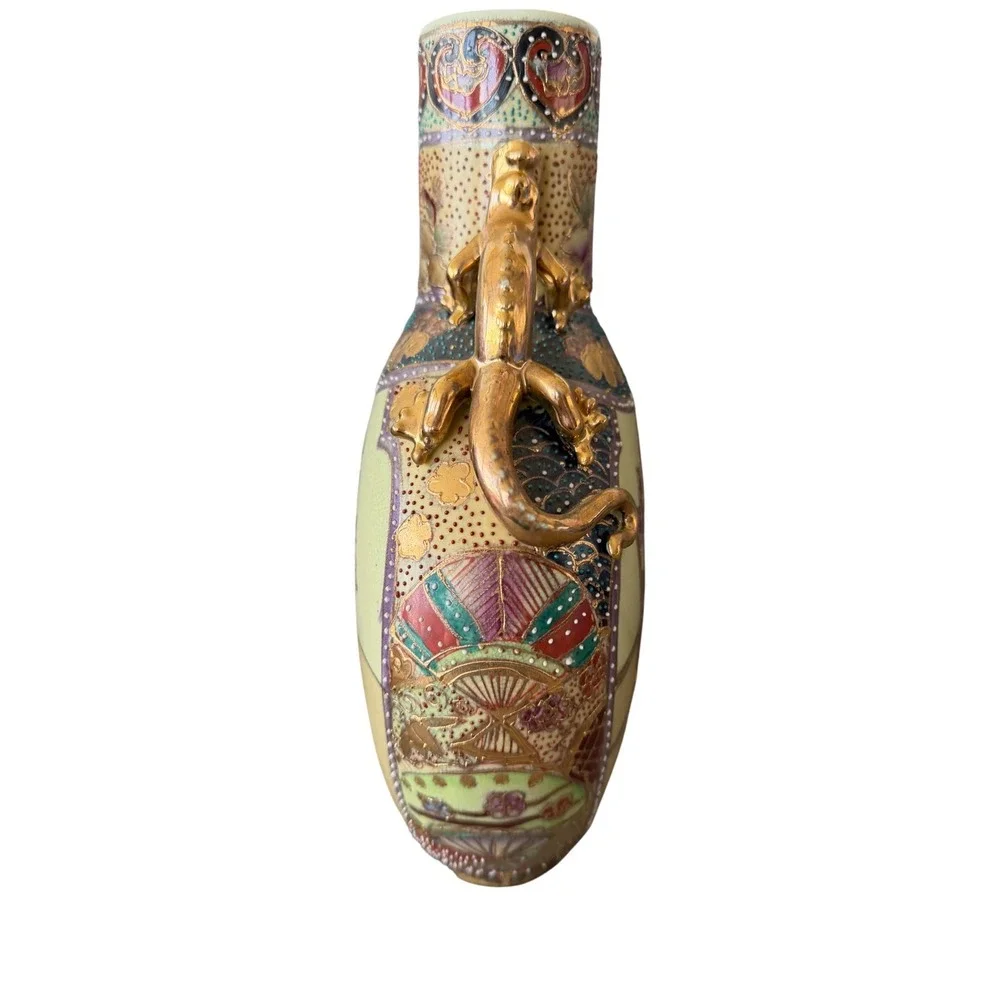 Royal Satsuma Hand Painted Moon Flask Vase‎ Gold Lizard Handles Geisha 10 inch